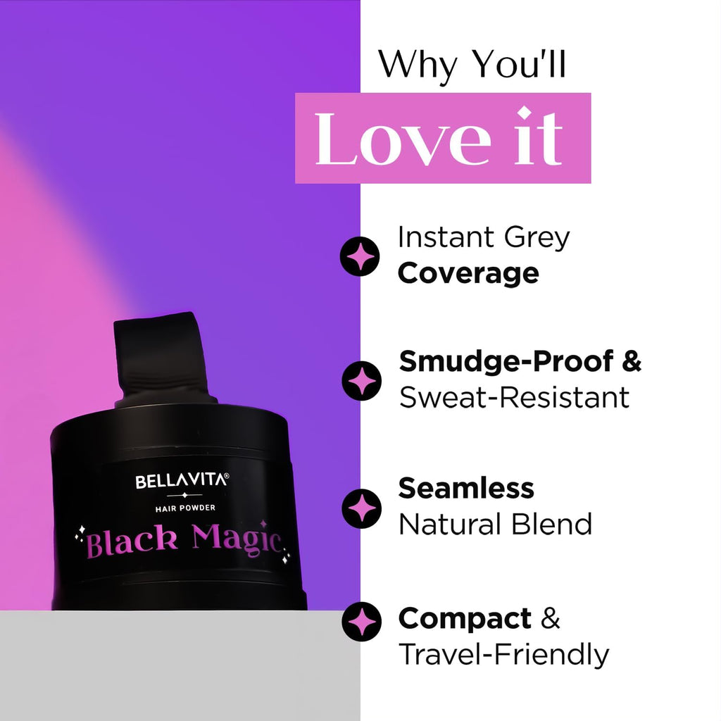 BELLAVITA Black Magic Hair Powder | Covers Grey Hair & Bald Spots Instantly | Root Touch Up | Sweat-Resistant & Long-Lasting Formula | Natural Looking Colour | 4g