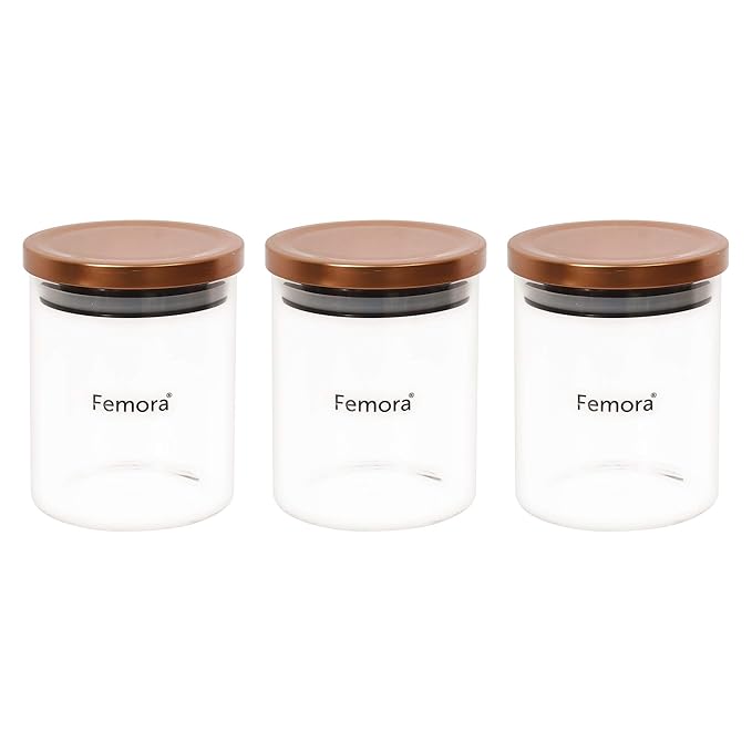 Femora Borosilicate Glass Jar With Golden Metallic Lid, Jars for Kitchen Storage | 600 Ml | Set of 3