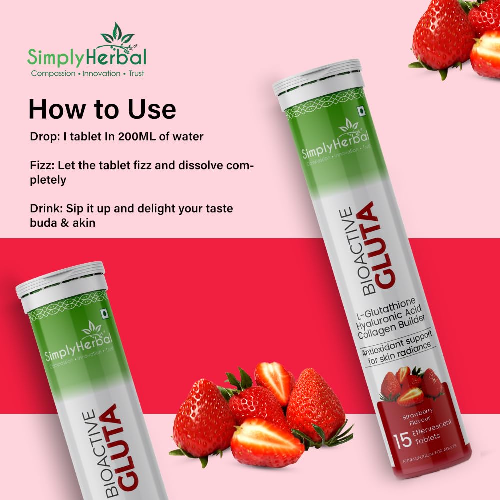Simply Herbal Bioactive Gluta, Strawberry Flavoured Effervescent Tablets with L-Glutathione, Hyaluronic Acid and Collagen Builder, 15 Tablets