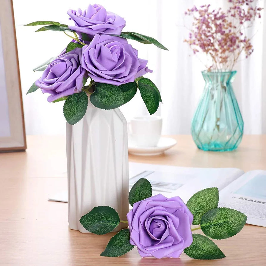 Artificial Flowers Purple Fake Roses Real Looking Foam Roses with Stem Purple
