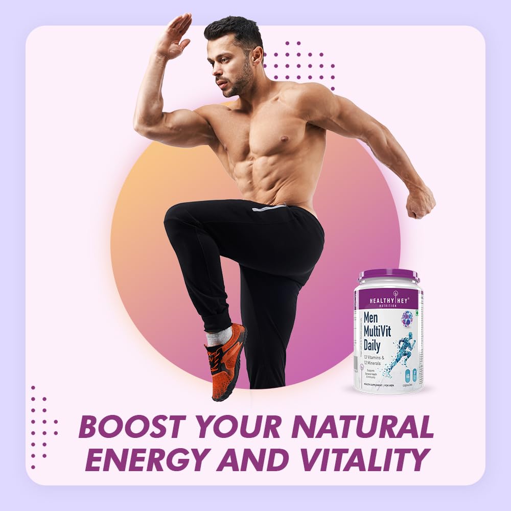 HealthyHey Nutrition Multivitamin For Men - Multi-Vit Daily - 13 Vitamins & 10 Minerals - 60 Vegetable Capsules,1 Count