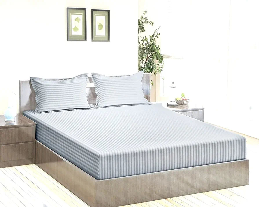 Trance Home Linen 100% Cotton 78x72 inch King Fitted 200TC Satin Stripe Elastic Fitted Bedsheet with 2 Pillow Covers Colour Silver Grey