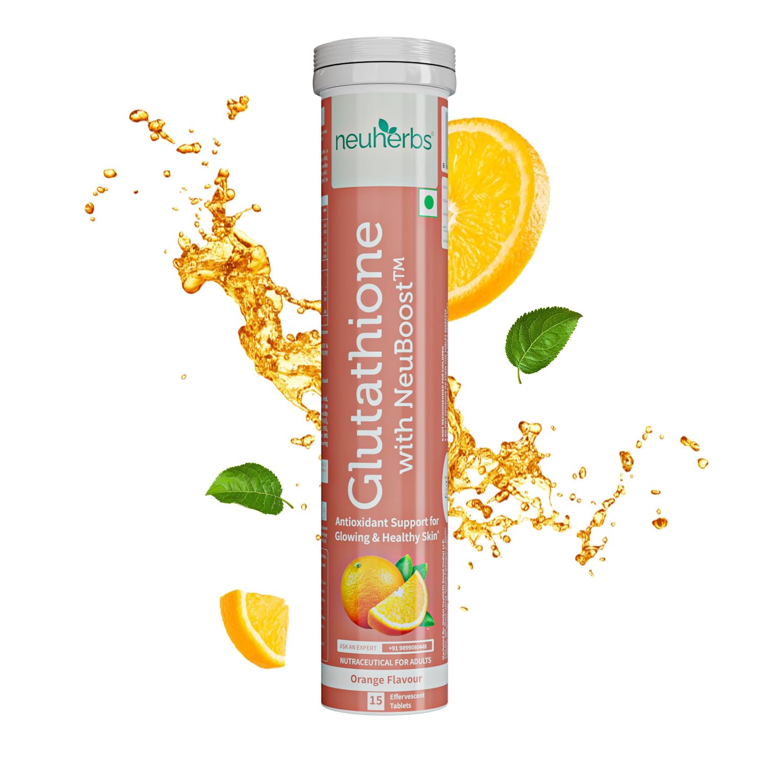 Neuherbs Glutathione 600mg - 15 Effervescent Tablets For Healthy & Glowing Skin | L-Glutathione Tablets With Hyaluronic Acid, Vitamin C & E For Skin Glow, Hydration & Anti Pigmentation | Orange Flavour