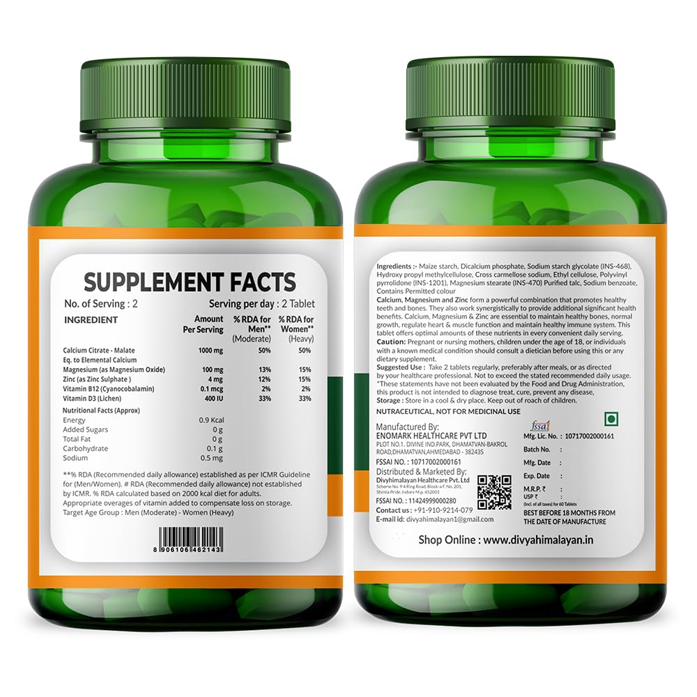 Divya Himalayan Calcium Magnesium Zinc Tablets | Bone & Immune Support | 60 Vegan Tablets | Non-GMO, Gluten-Free