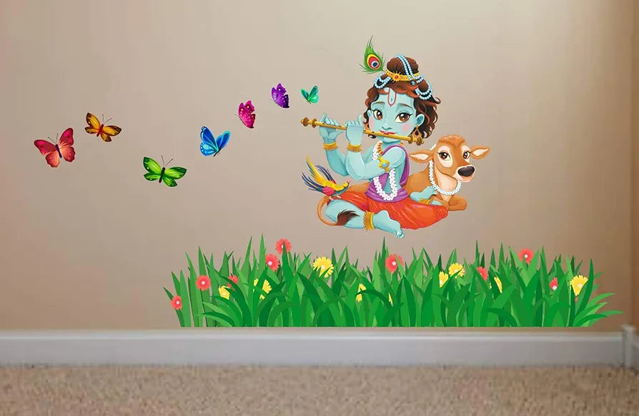 Rawpockets Lord Krishna Flute Singing with Cow and Butterfly Grass Decorative PVC Vinyl Wall Self-Adhesive Sticker