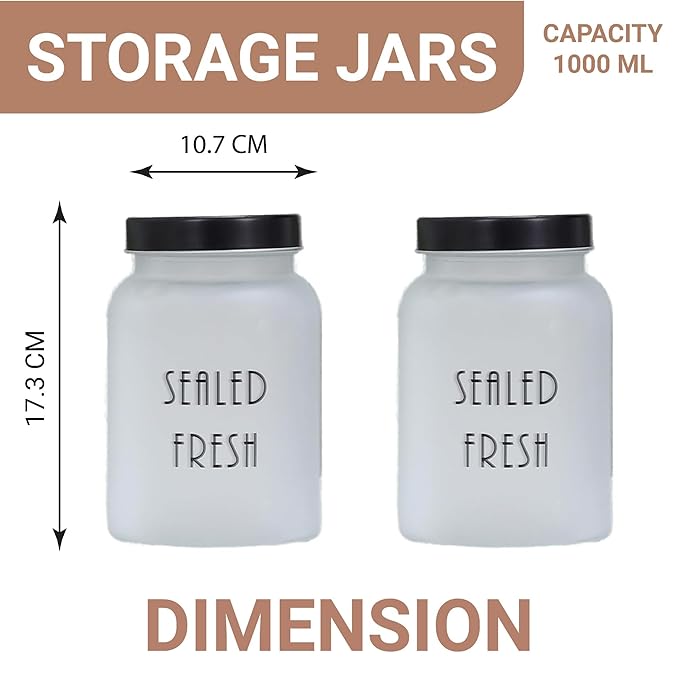 Femora Kitchen Storage Jars Frosted Glass Jar With Steel Lid Air Tight Jar | 1000 Ml | Pack of 6 | Black Lid