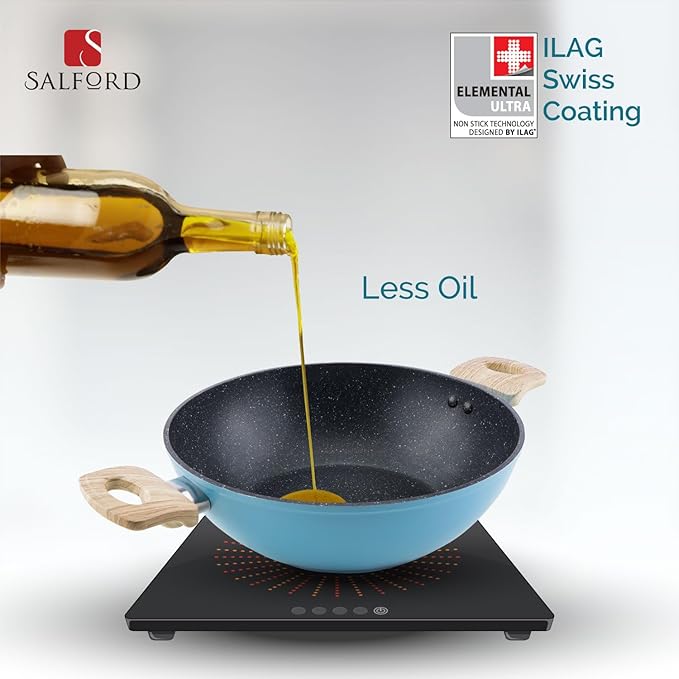 Salford by Ucook Forged Non-stick Kadhai + Glass Lid With Soft Touch Wooden Handle | Black Spatter Finish Dusty Blue | 260mm | 3.25 Litre