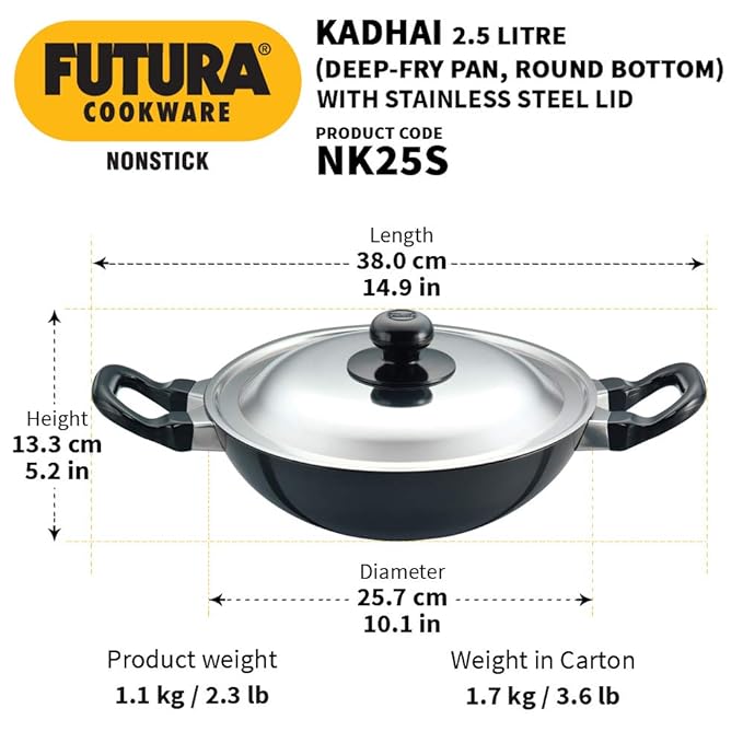 Hawkins Futura Nonstick Kadhai 2.5 L, 25 cm, 3.25 mm with SS lid (Black)