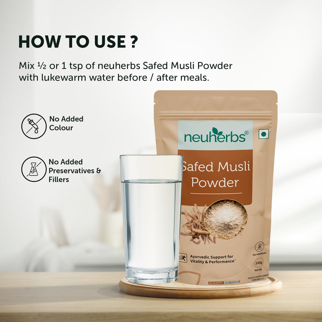 Neuherbs Safed Musli Root Powder - 100 GM | Ayurvedic Support for Vitality & Performance | Herbal Supplement | Support Strength & Stamina Booster