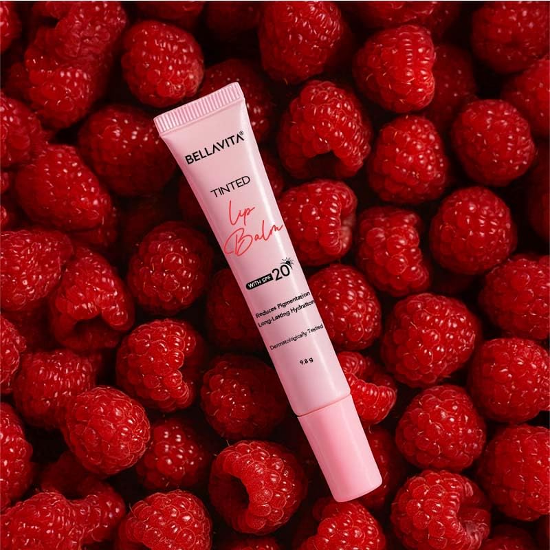 Bellavita Tinted Lip Balm | SPF 20 Protection | Fades Pigmentation and Brightens Lips | Gives upto 12 hours intense hydrateion | Dermatologically Tested | 10ml, Raspberry