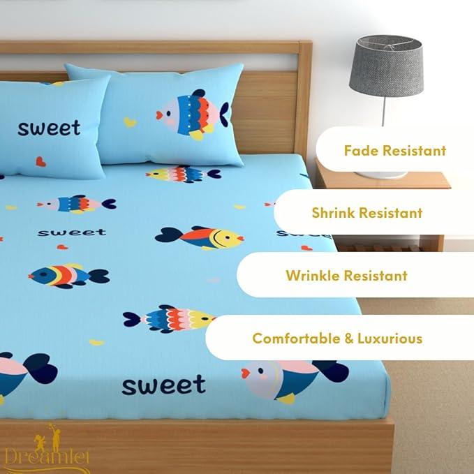 Dreamlet Prime Collections 180tc Pure Cotton Breathable Supersoft Wrinkelfree Double Flat Bedsheet With 2 King Size Pillow Covers | Sky Blue