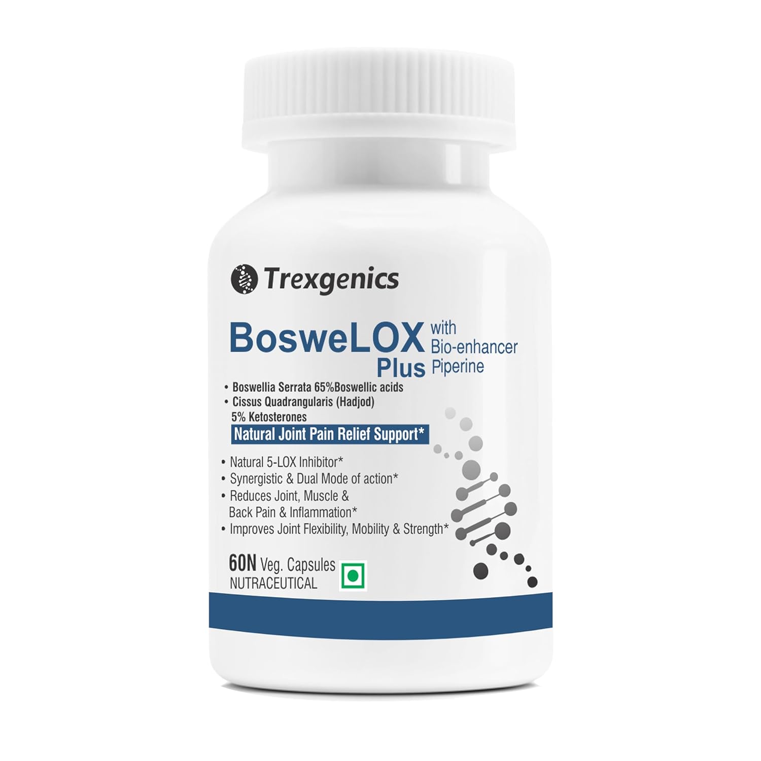 Trexgenics BOSWELOX PLUS Joint & Bone Dual Action with Boswellia Serrata 65% Boswellic acid 500mg + Cissus Quadrangularis (Hadjod) 5% Ketosterones 150 mg(60 Veg. Capsules) (Pack of 1)