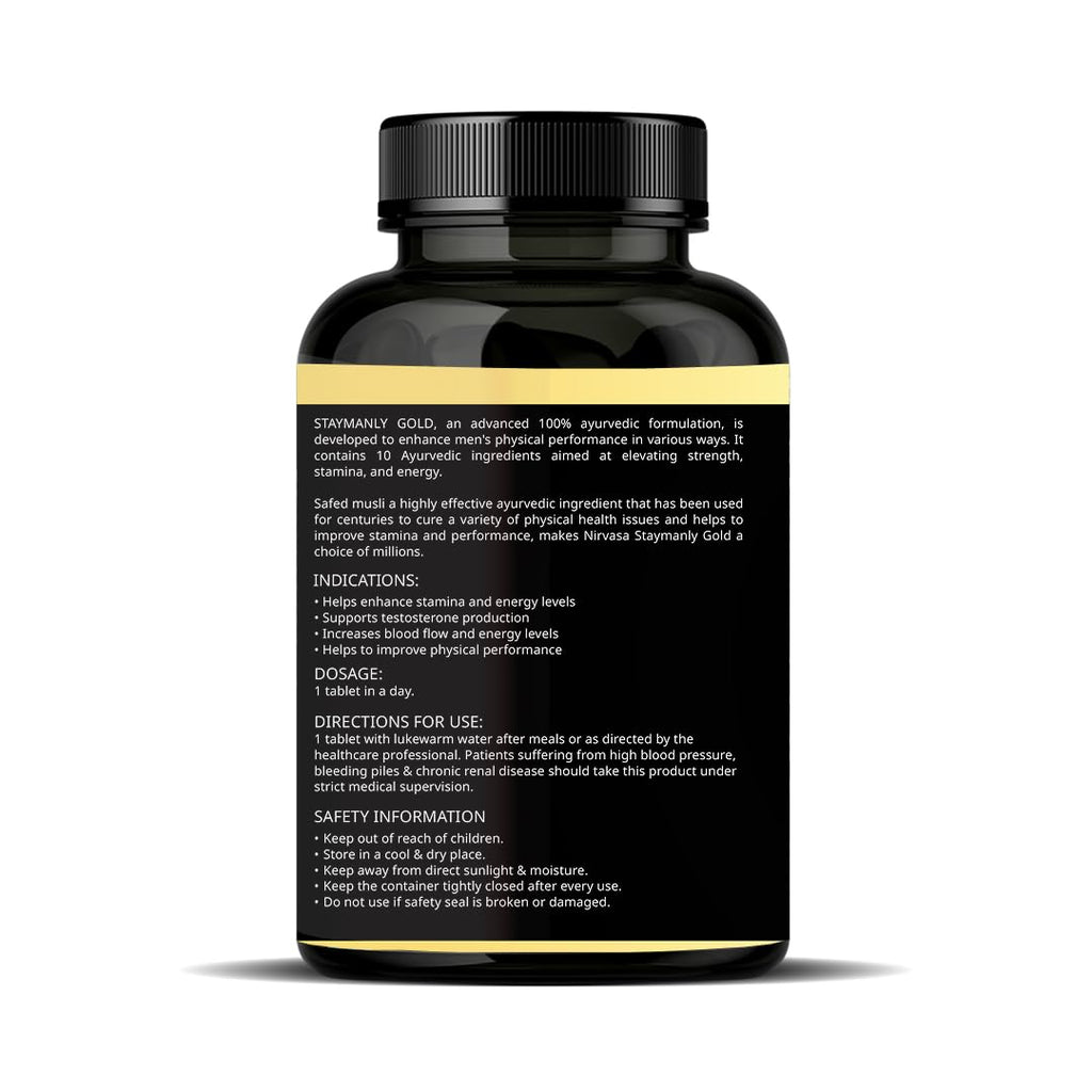 Nirvasa StayManly Gold Tablets (30 Tabs) | Ayurvedic Strength, Stamina & Performance Booster | Boosts Energy, Endurance & Vitality | Tribulus Terrestris, Ashwagandha, Safed Musli & Shilajit