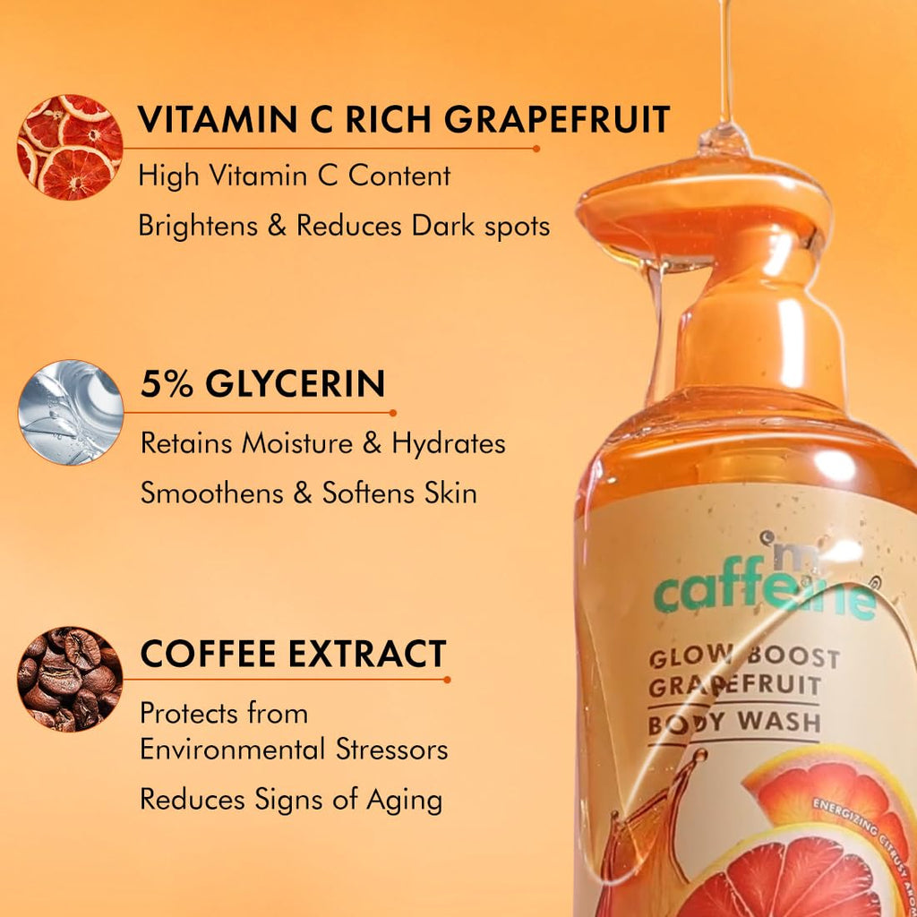 mCaffeine Glow Boost Grapefruit Body Wash - 300 ml| Fruity Grapefruit Aroma | Vitamin C Rich & 5% Glycerine | Deep Cleanse, Detan for Soft & Smooth Skin | Fragrance Shower Gel for All Skin Types