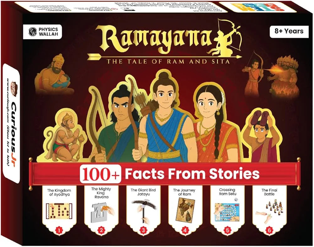 PW Ramayana The Tale of Ram & Sita Kit for Kids, 6-in-1 Fun Activity & Family Board Game, Diwali Kit, Learn 100+ Ramayana Facts with Puzzles Ages 8–14 Years