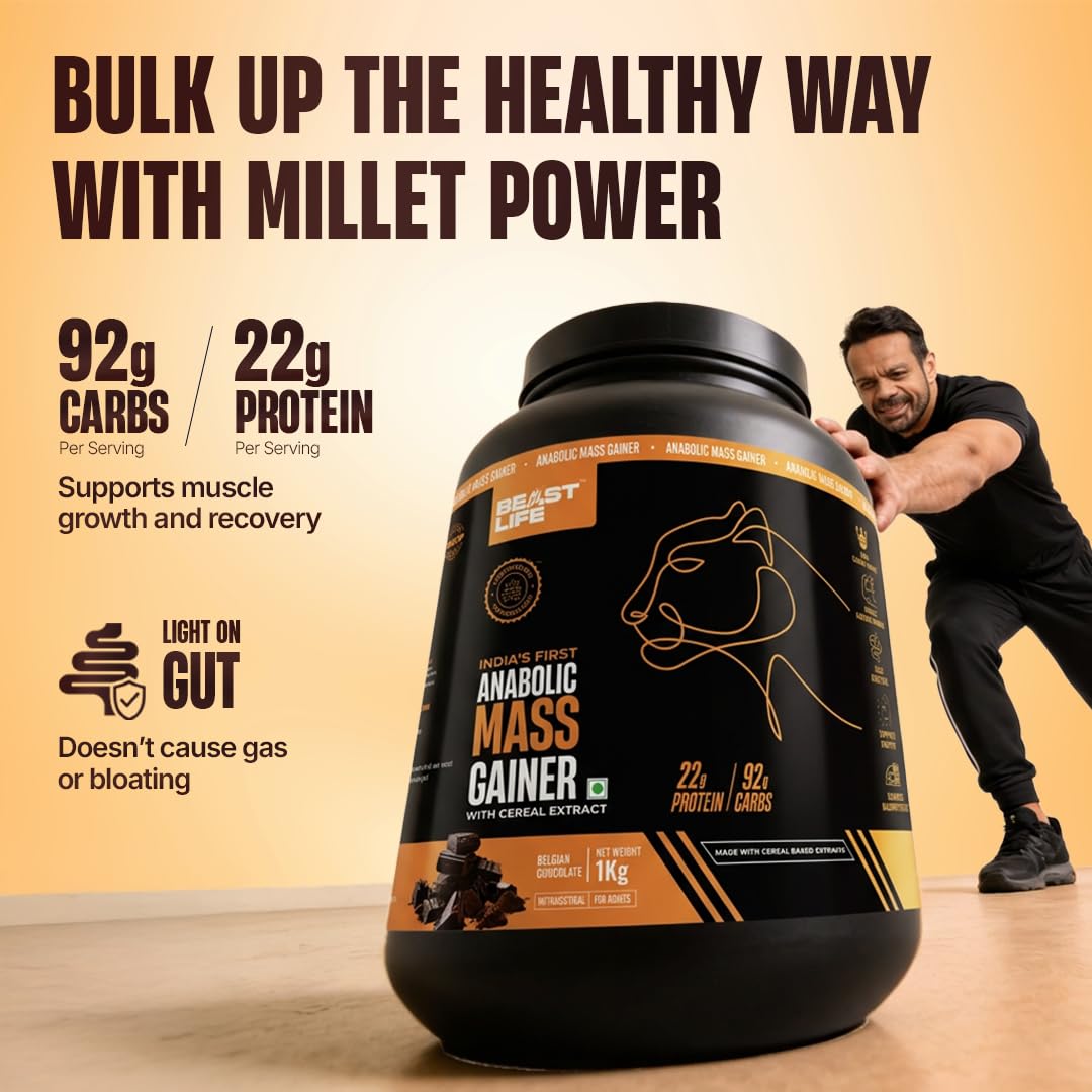 Beast Life High Protein Mass/Weight Gainer | 1 KG | Belgian Chocolate with Free Shaker | NABL LAB Tested | For Muscle Gain & Fast Growth | Cereal-Based Formula, No Maltodextrin | India's #1 Cereal Based Bulk Gainer