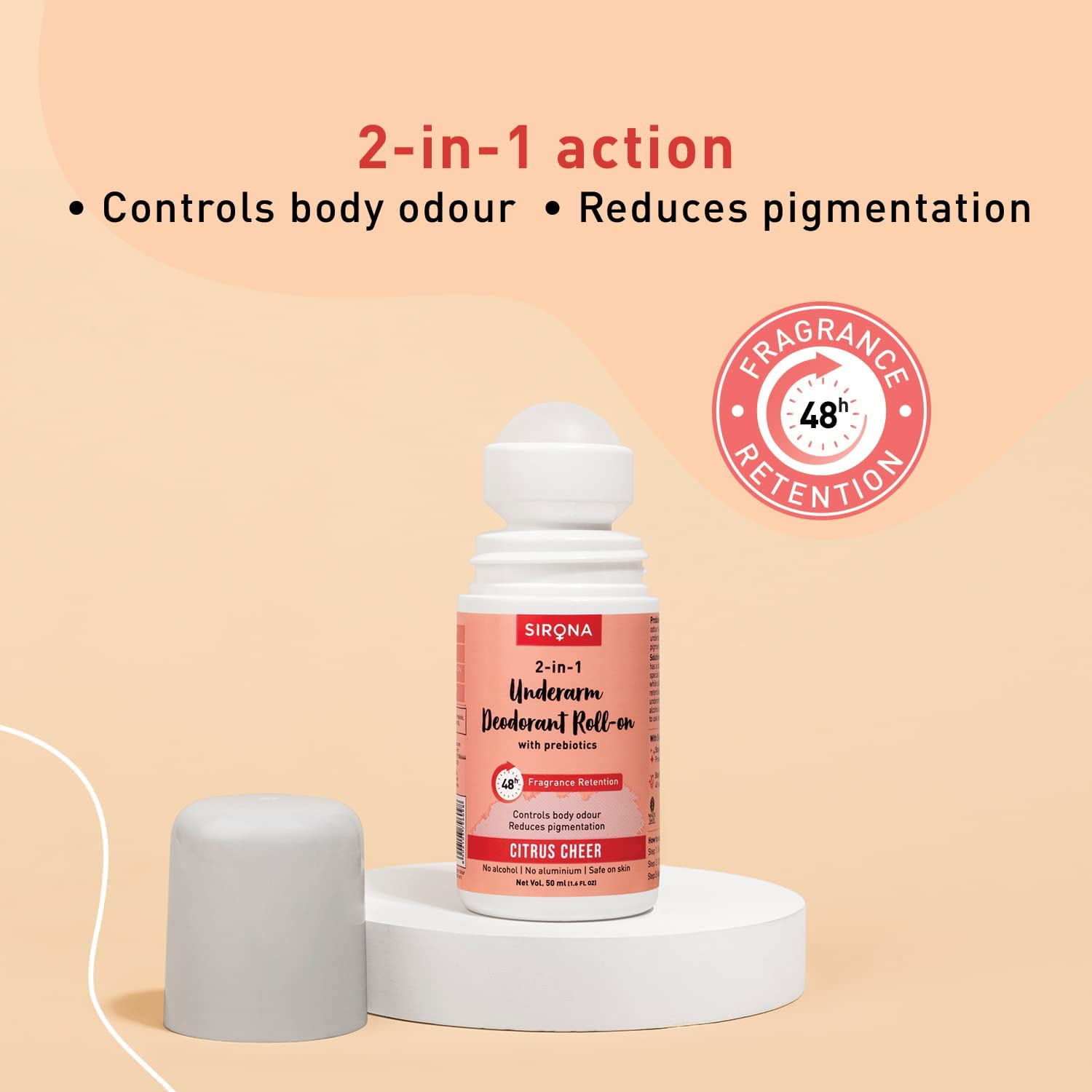 Sirona Underarm Roll On -50 ml (Pack of 1) | with 0.5% Prebiotic, 0.5% Niacinamide & 0.1% Hyaluronic Acid | Prevents Body Odour & Exfoliates Underarms | Lemon Fragrance | Alcohol & Aluminium Free