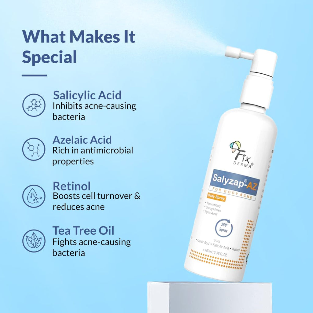 Fixderma Salyzap-Az 2% Salicylic Acid + 2% Azelaic Acid Body Acne Treatment Unscented Spray For Acne On Body Parts Like Back, Upper Arms | Paraben Free | Unclog Pores - 100ml