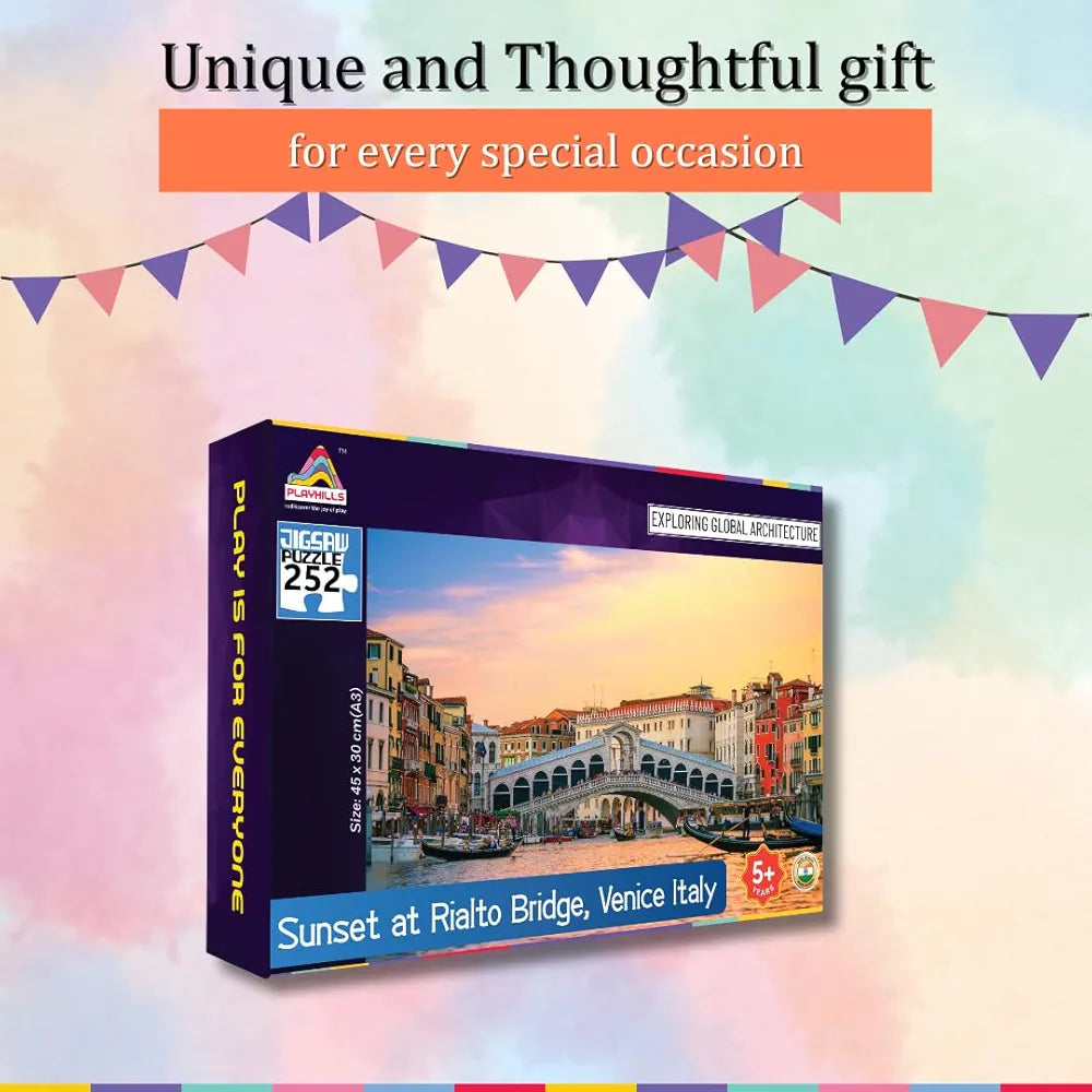 Playhills Sunset Rialto Bridge Venice 252 Piece Wooden Jigsaw Puzzle for Kids 10+ Travel & Architecture Learning Game