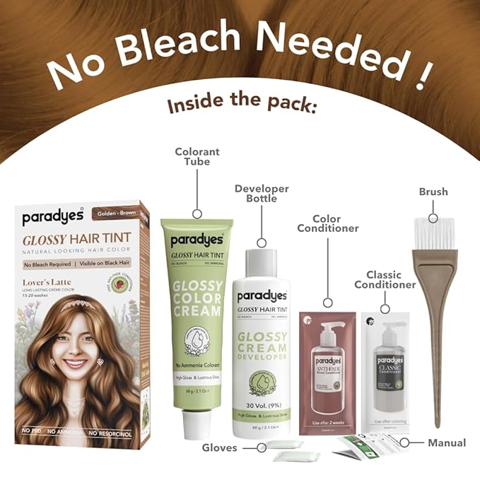 Paradyes No Bleach Glossy Hair Tint, Ammonia-free Formula for Natural Black Hair - 160 Gms | Golden-Brown | Lover's Latte