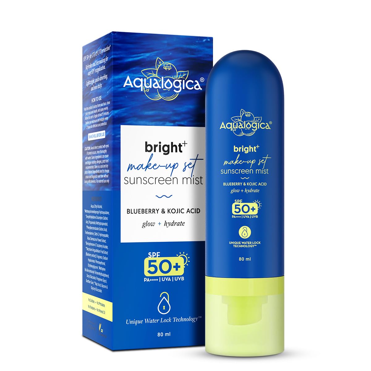 Aqualogica Bright+ Makeup-Set Sunscreen Mist SPF 50+ PA++++ with Blueberry & Kojic Acid | Ultra-Fine Mist for Easy Application over Makeup | Quick Drying | Sets Make-Up | No White Cast | Easy Reapplication | Hydrates & Refreshes | 80 ml