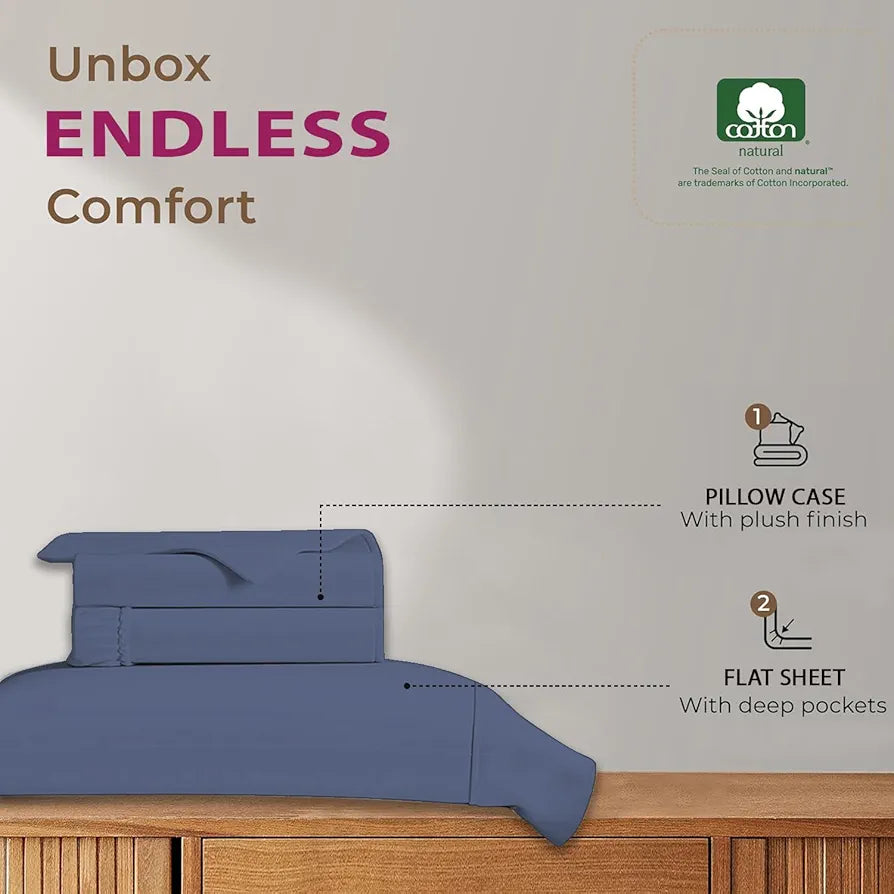 Trance Home Linen 100% Cotton 78x60 inch Queen Elastic Fitted Bedsheet 400TC Premium Queen Double Bed Size Plain with 2 pillow covers Colour Mediterranean Blue