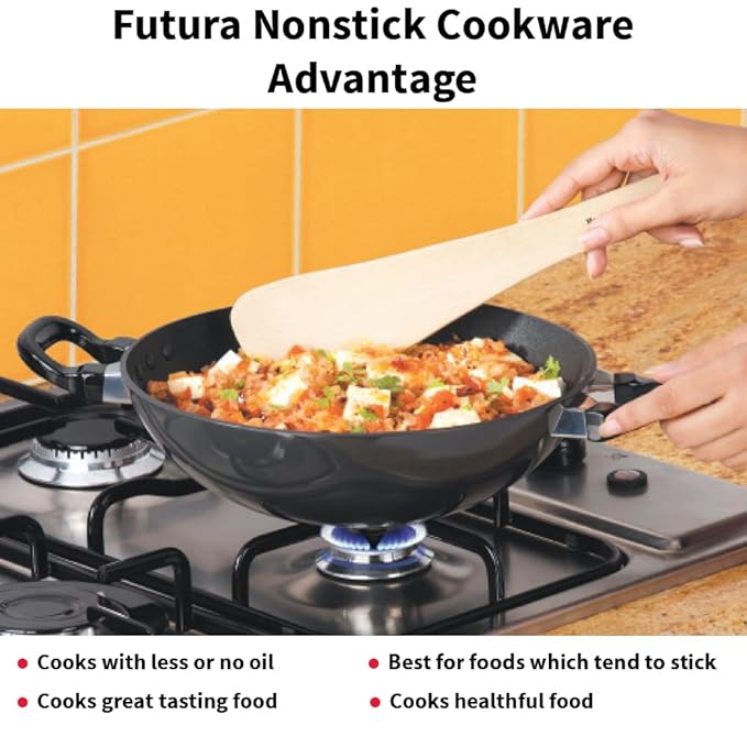 Hawkins Futura Nonstick Kadhai 2.5 L, 25 cm, 3.25 mm with SS lid (Black)