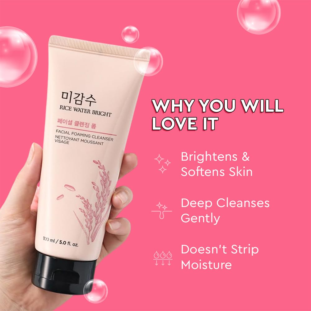 The Face Shop Rice Water Bright Foaming Face Wash 100ml | Face Wash for Glowing Skin | Cleanser for Uneven Skin Tone | Korean Skin Care, For Oily skin