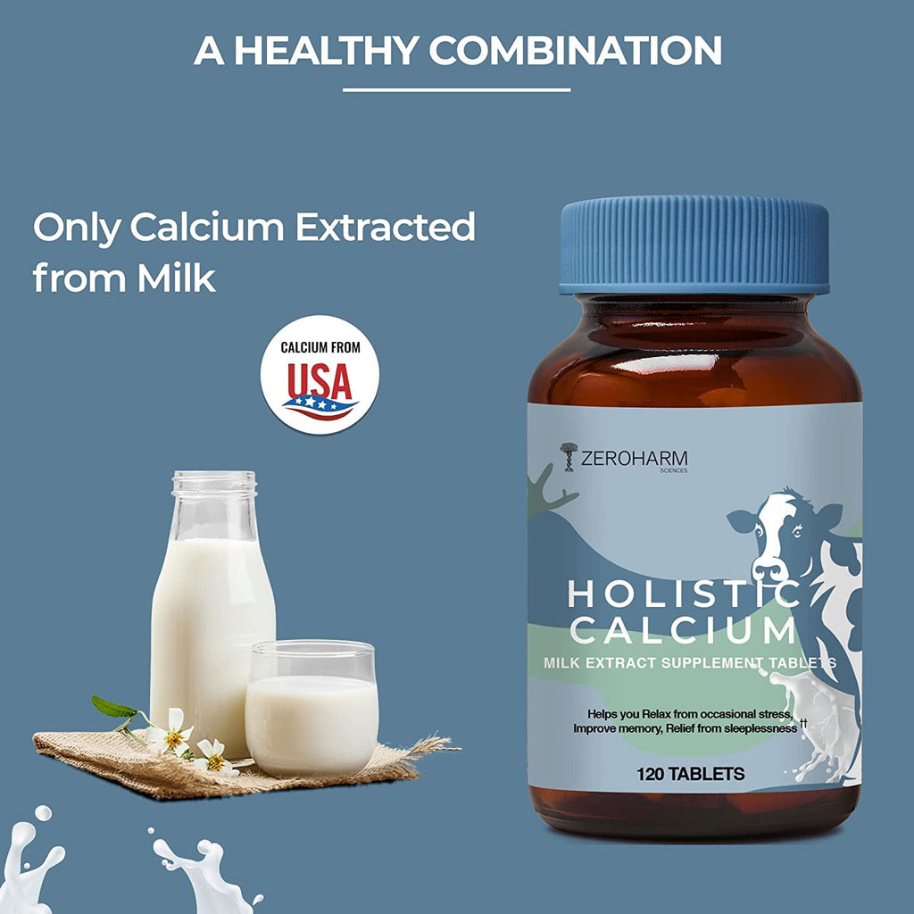 ZEROHARM Holistic Calcium Tablets â€“ High Absorbption Milk-Based Calcium Supplement with Vitamin D3, K2-7, Magnesium, Phosphorous â€“ Supports Bone Strength & Joint Health For Men & Women â€“ 120 Tablets