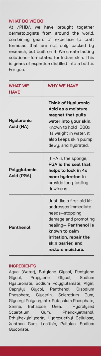 /PHD/ 2% Hyaluronic Acid Dewy Skin Serum | Hyaluronic Acid Face Serum for Dehydrated, Dull & Dry Skin | Hydrating Face Serum with PGA & Panthenol | Deep Hydration & Dewy Finish | Lightweight | 30ml