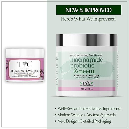 TYC Green Clay Face Mask With Niacinamide Probiotics Neem - 100 gms