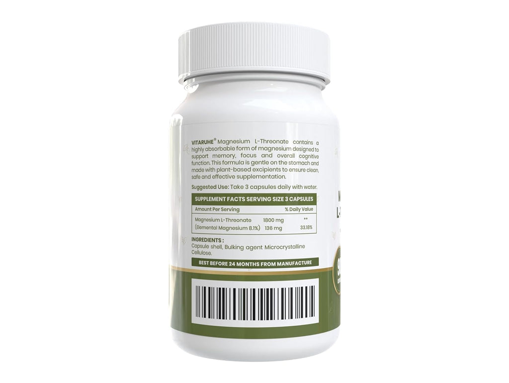 Vitaruhe® Magnesium L-Threonate | Advanced Magnesium for Brain Support, Focus & Memory | High Absorption Formula | 90 Veg Capsules