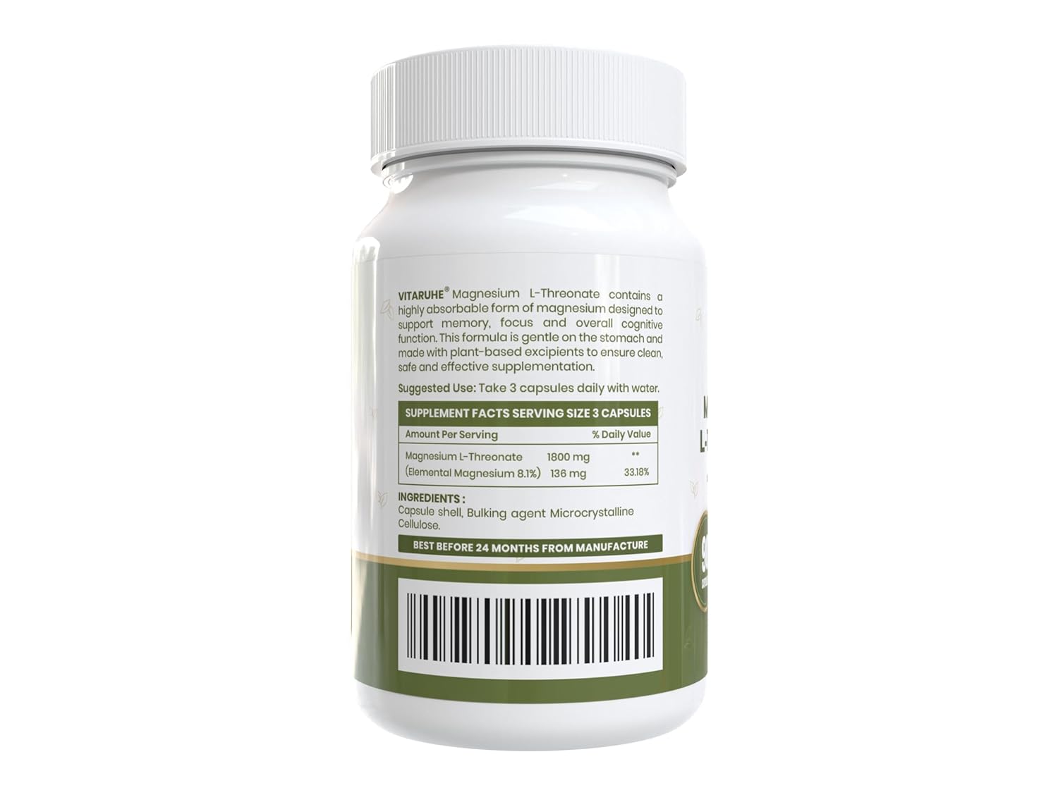 Vitaruhe® Magnesium L-Threonate | Advanced Magnesium for Brain Support, Focus & Memory | High Absorption Formula | 90 Veg Capsules