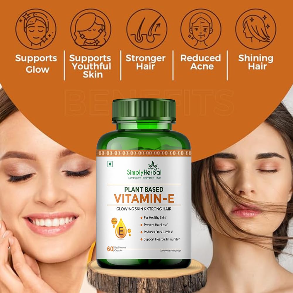Simply Herbal Plant Based Vitamin E 10mg Capsules for Glowing Skin and Strong Hair | Vitamin E - 60 Capsules