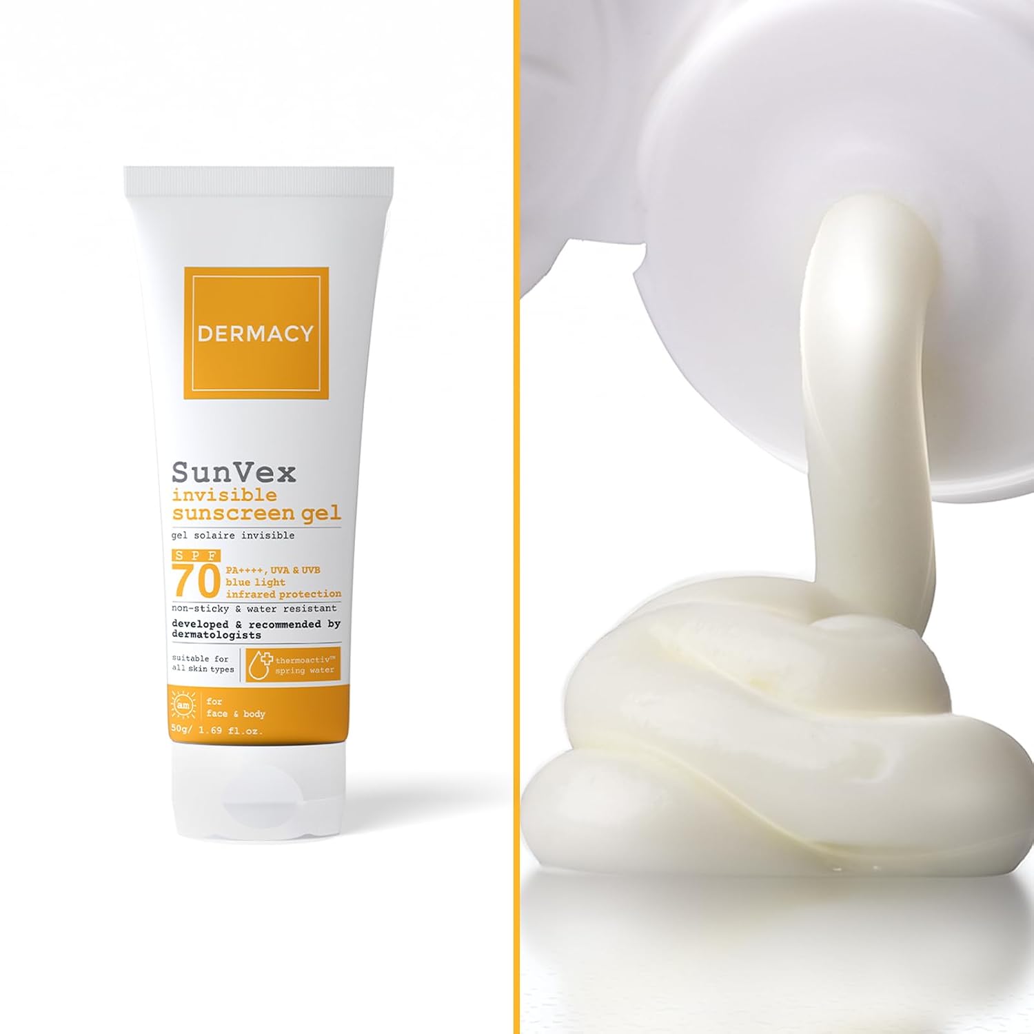 Dermacy Sunvex Invisible Sunscreen Gel | SPF 70 PA++++ | Non - Sticky, Effective Sun Protection | Suitable For All Skin Types | For Women and Men | 50g