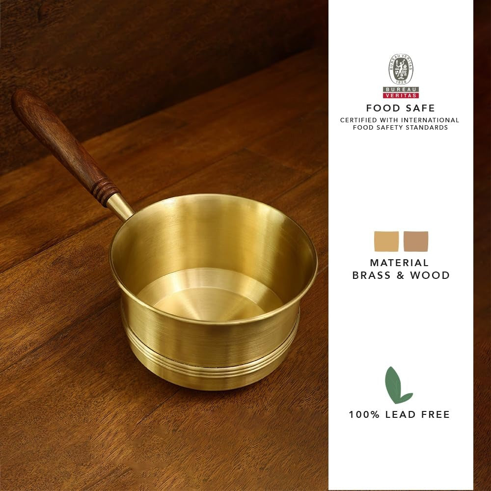 Ellementry Arra Brass Tea Pan 750ml with Wooden Handle Induction Sauce Pan Chai Milk Pot