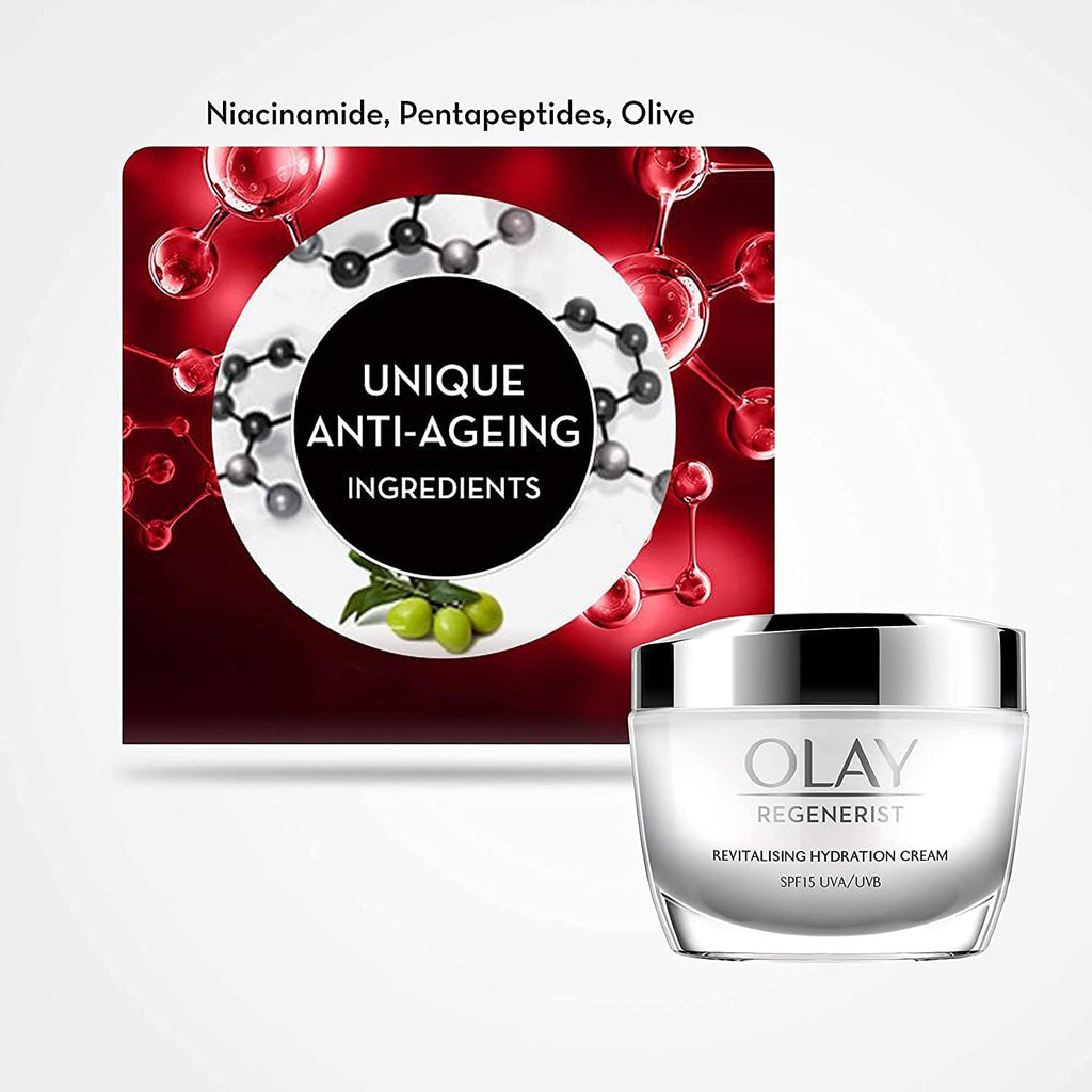 Olay Regenerist Revilatising Hydration Cream with SPF 15 | Hydrated, Plump, Bouncy Skin | With Hyaluronic Acid, Niacinamide and Peptides | Normal, Oily, Dry, Combination Skin | 50g