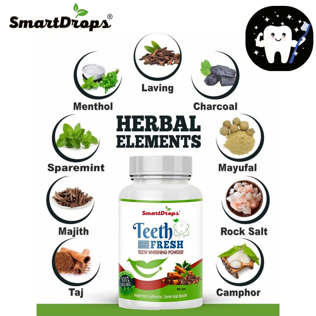 Smartdrops Teeth Whitening Powder, For Shiny Polished Teeth, Improves Teeth Whiteness and Brightness, Helps Fight Plaque, Removes Stains, Freshens Breath, Natural Ingredients, 80gm