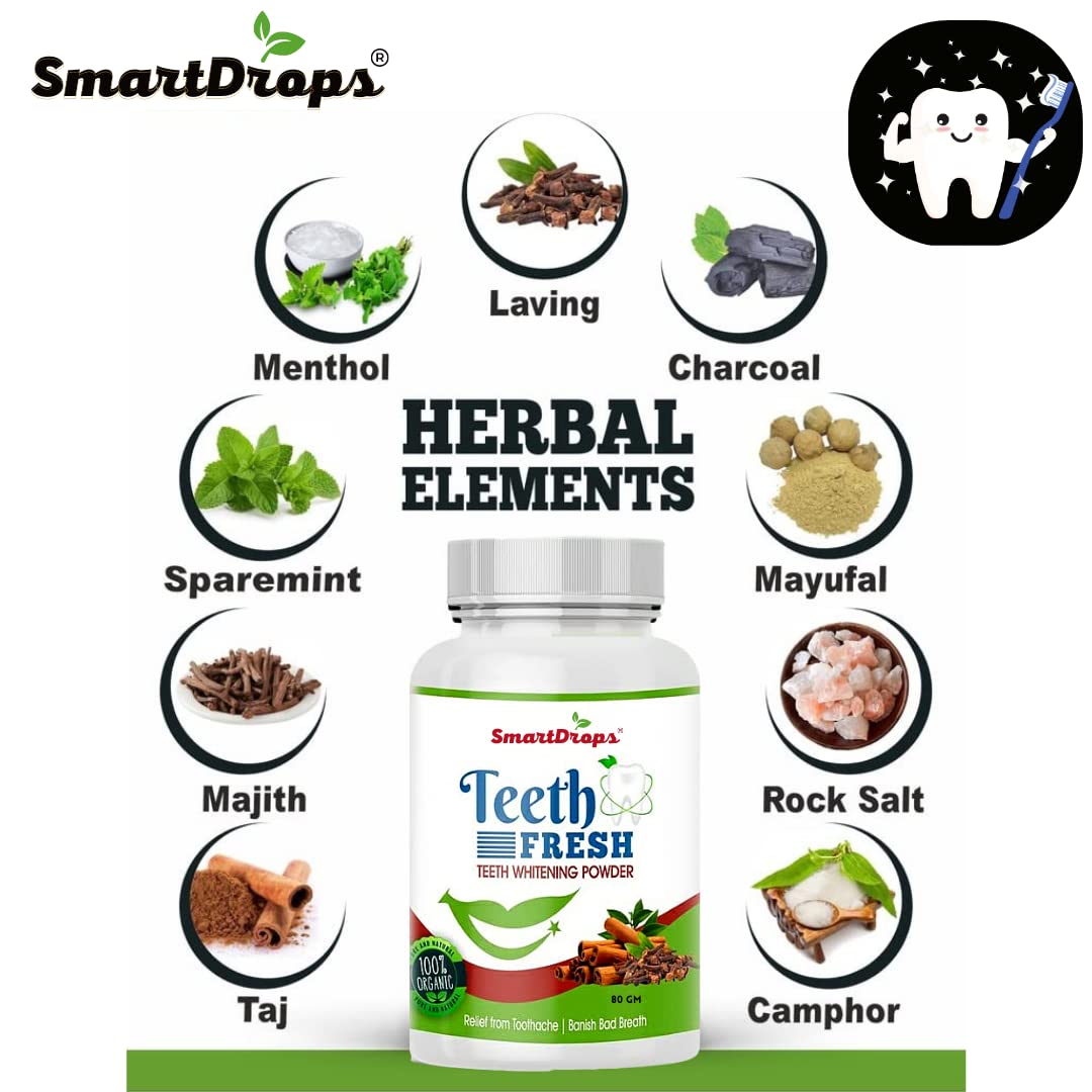 Smartdrops Teeth Whitening Powder, For Shiny Polished Teeth, Improves Teeth Whiteness and Brightness, Helps Fight Plaque, Removes Stains, Freshens Breath, Natural Ingredients, 80gm