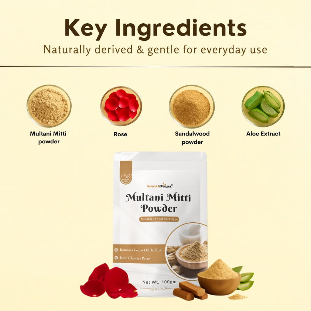 Smartdrops Multani Mitti for Face | Multani Mitti | Multani Mitti Powder for Face | for face, Skin and Hair Pack | (PACK 1 (100G))