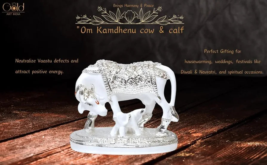 Gold Art India Kamdhenu Cow with Calf Idol White & Silver Plated Finish
