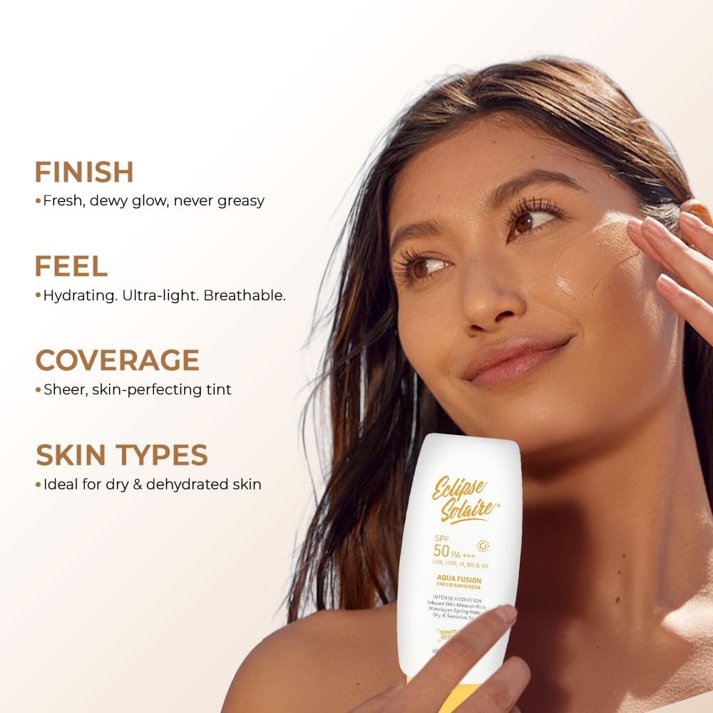 Eclipse Solaire Aqua Fusion Sunscreen SPF50 | 5X Protection with SPF 50 PA+++ | Infused with Himalayan Spring Water | Non-Greasy, For All Skin Types â€“ 60ml
