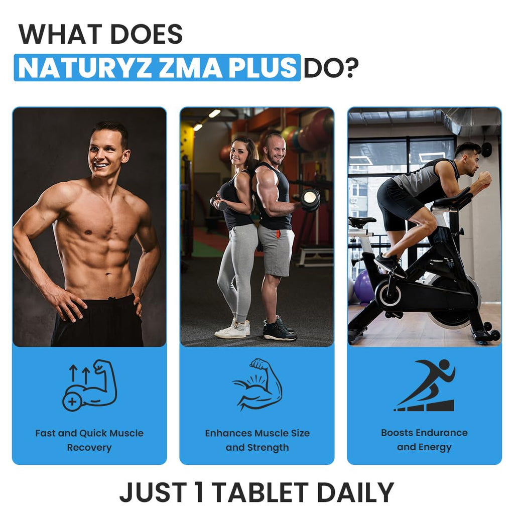Naturyz Triple Strength ZMA Plus, 5-in-1 Muscle Strength & Nightime Recovery Support Supplement with 450 mg Magnesium Aspartate, Tribulus, Zinc, B6, Black Pepper for Men & Women - 50 Tablets