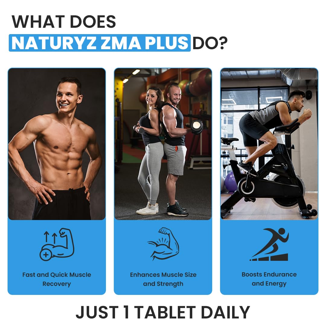 Naturyz Triple Strength ZMA Plus, 5-in-1 Muscle Strength & Nightime Recovery Support Supplement with 450 mg Magnesium Aspartate, Tribulus, Zinc, B6, Black Pepper for Men & Women - 50 Tablets