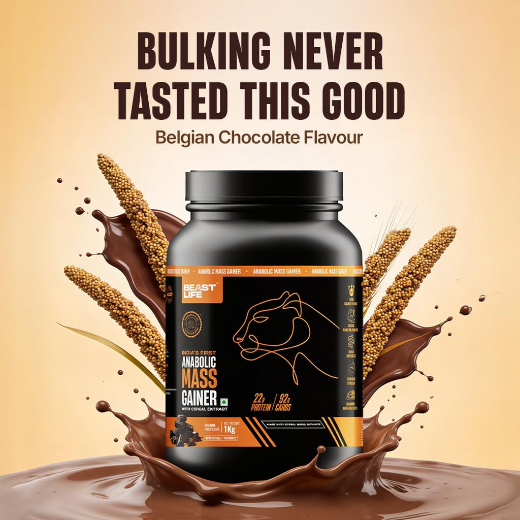 BeastLife High Protein Mass/Weight Gainer | 1 KG | Belgian Chocolate | NABL LAB Tested | For Muscle Gain & Fast Growth | Cereal-Based Formula, No Maltodextrin | India's #1 Cereal Based Bulk Gainer