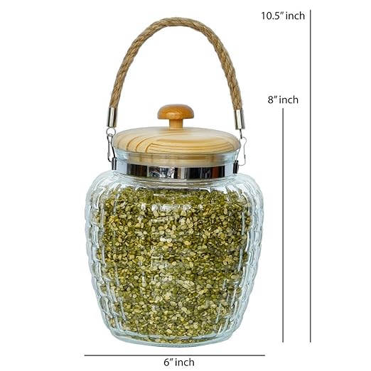 Femora Kitchen Storage Jars Embossed Glass Jar With Wooden Lid & Jute Chain Air Tight Jar | 2000 Ml | Pack of 2
