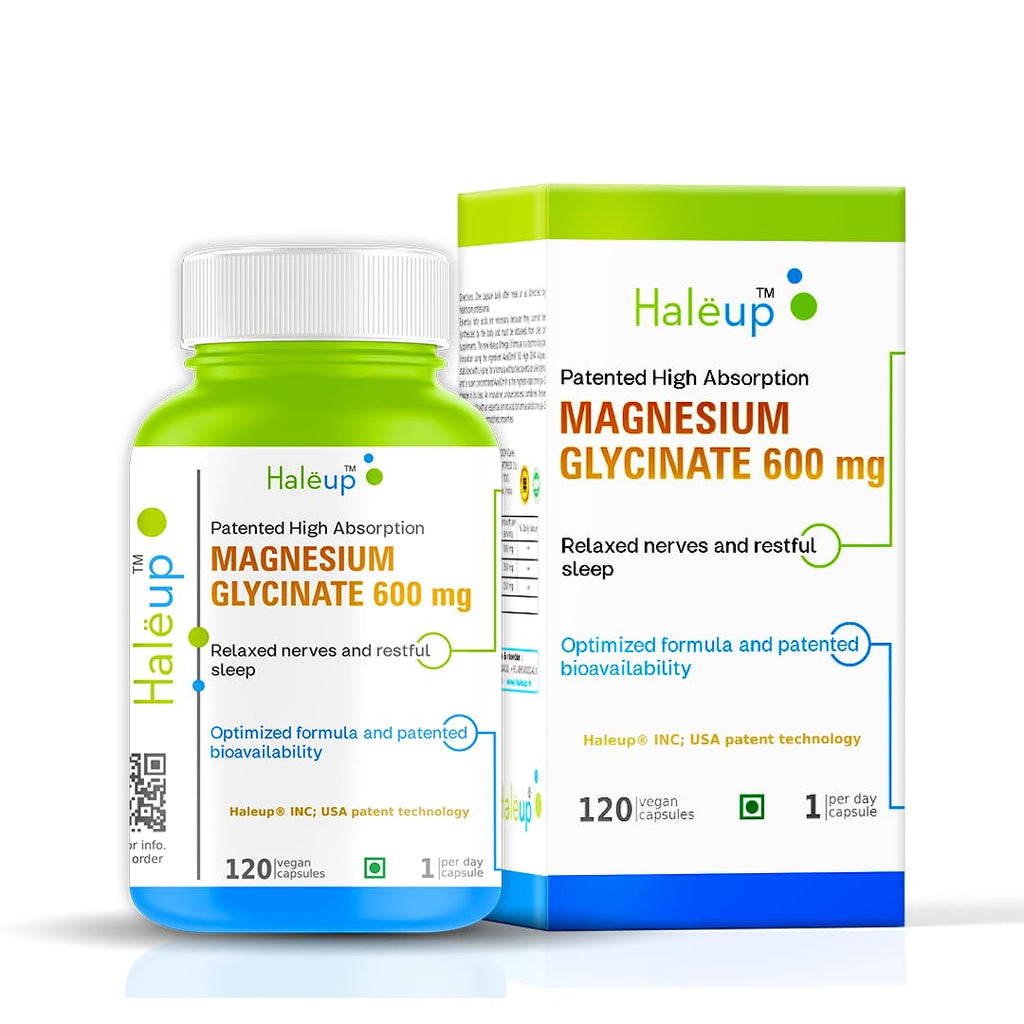 Haleup Magnesium Glycinate 99% pure Supplement 600 mg, Haleup USA, 120 capsules, High Absorption for Sleep, Cramps, muscle recovery & Nerves Health