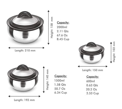 Milton Stainless Steel Casserole with Glass Lid - Set of 3