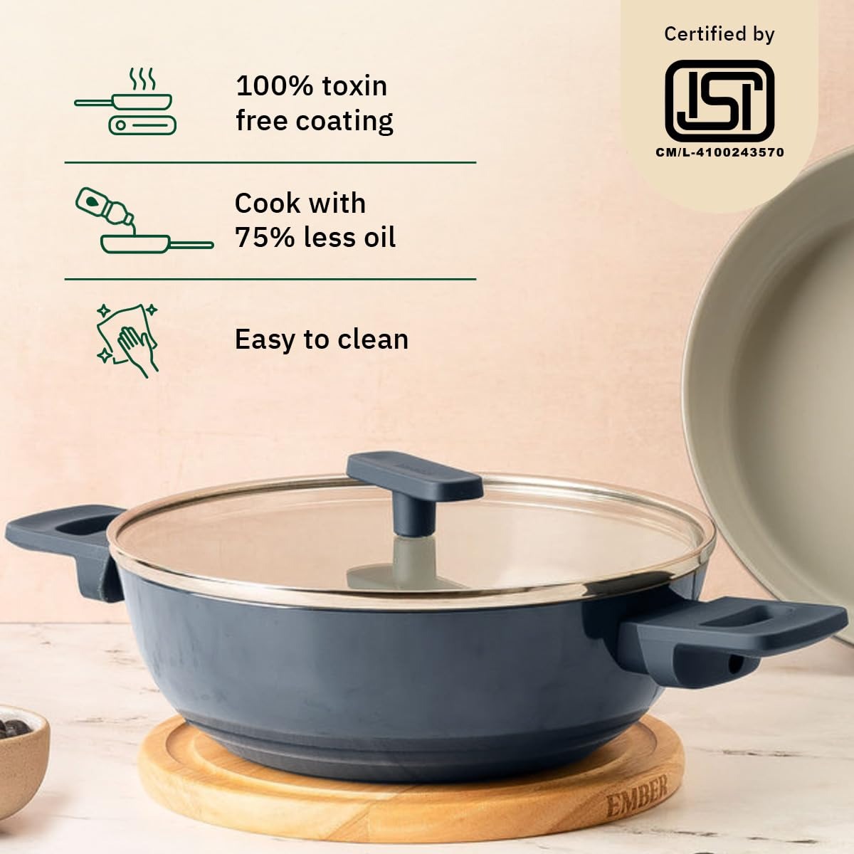 Ember Kadai 24cm with Glass Lid Soft-Touch Handle Ceramic Non-Stick