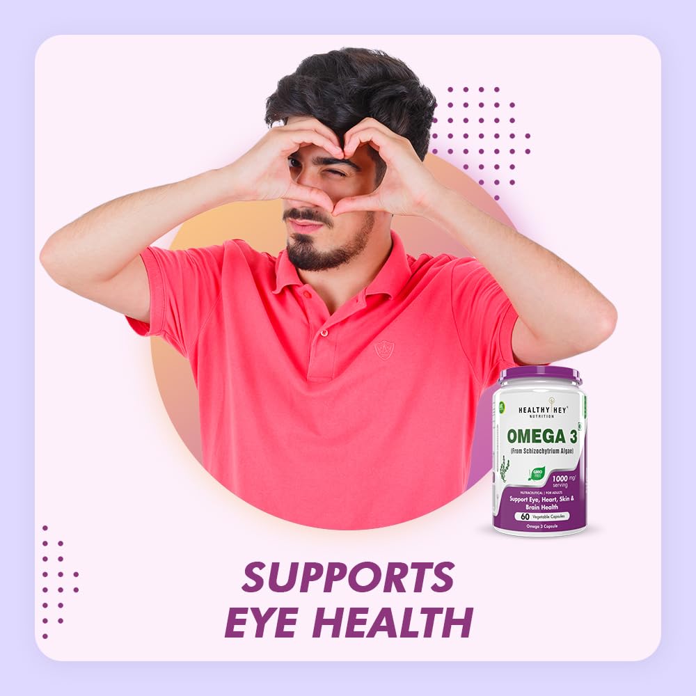 HealthyHey Nutrition Natural Omega 3 - Support Heart, Brain & Joint - Sourced from Algae - Fish Oil-free - 60 Veg Capsules